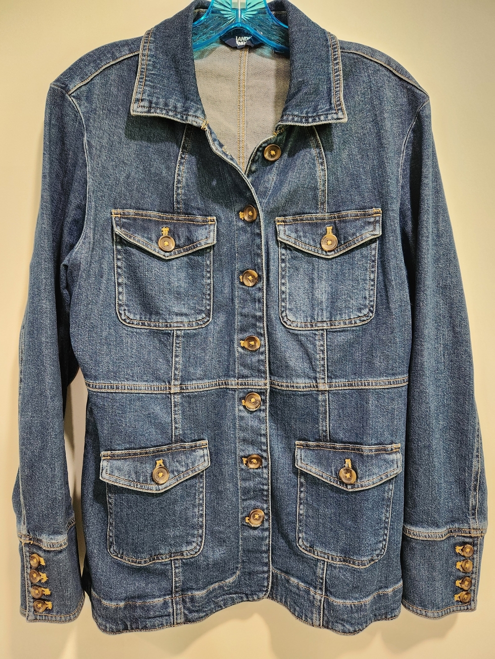 Lands' End Dark Blue Button-Front Denim Jacket with Patch Pockets